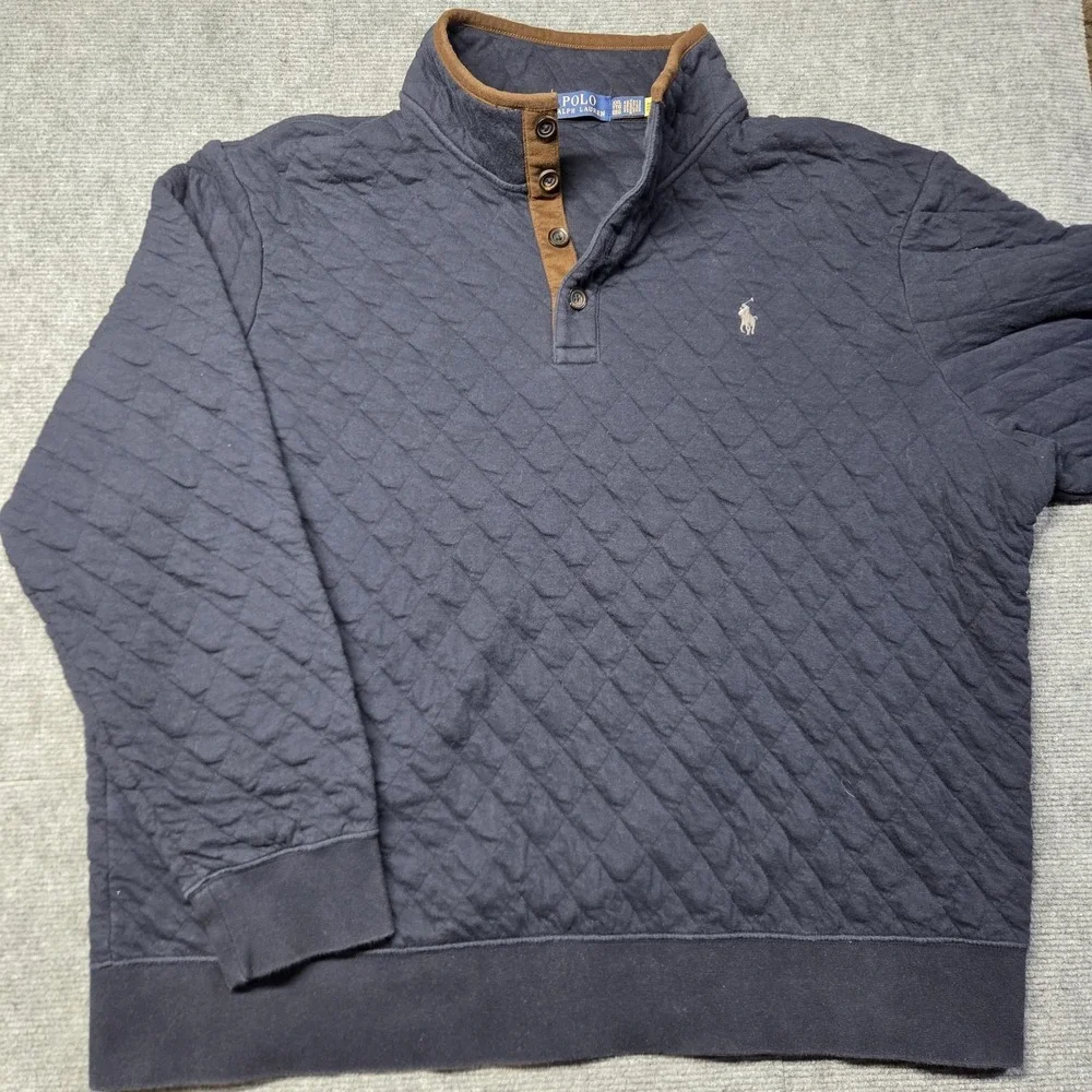 Polo Ralph Lauren Mens XXL Quilted Sweatshirt Snap Mock Neck Navy Pullover Pony